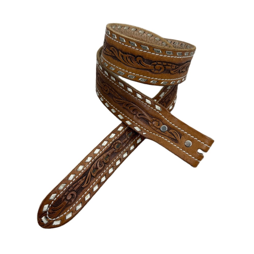 JCPenney Belt Mens 36 Brown Hand Laced Floral Embossed Genuine Leather No Buckle